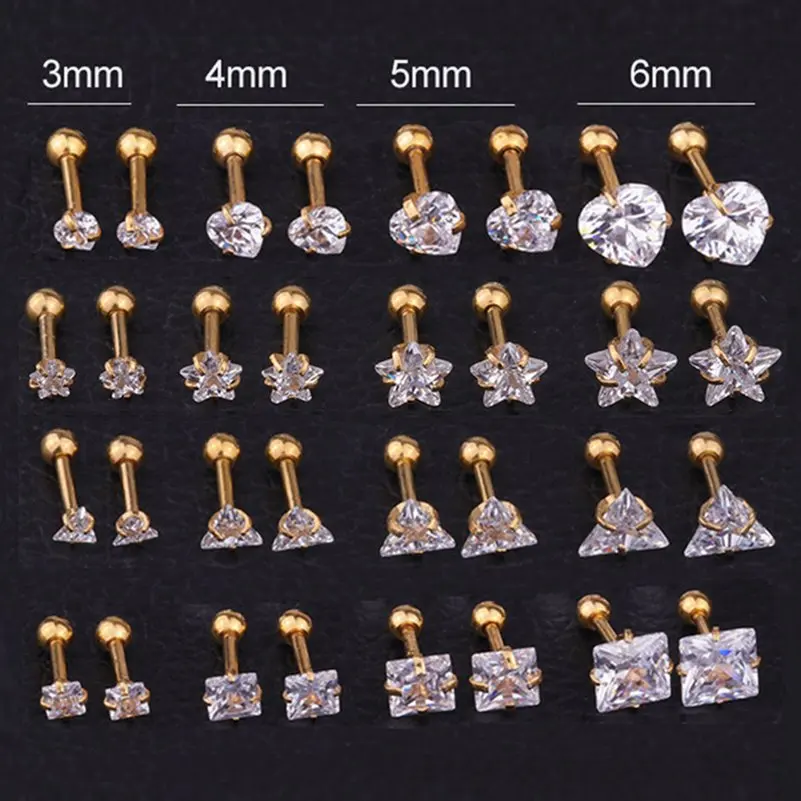 3/4/5/6mm Crystal Stud Earrings for Women Gold Silver Color Triangular Square Star Heart Zircon Tragus Cartilage Piercing Jewelr