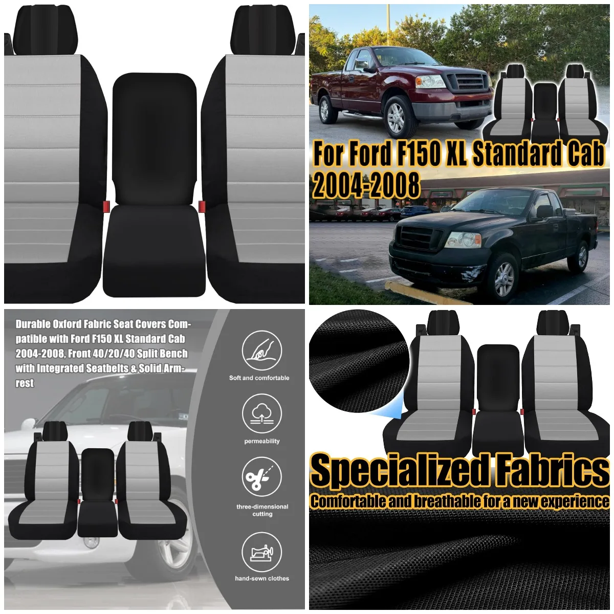 

Front Fabric Seat Covers for Ford F150 XL 2004-2008, 40/20/40 Split Bench, Gray
