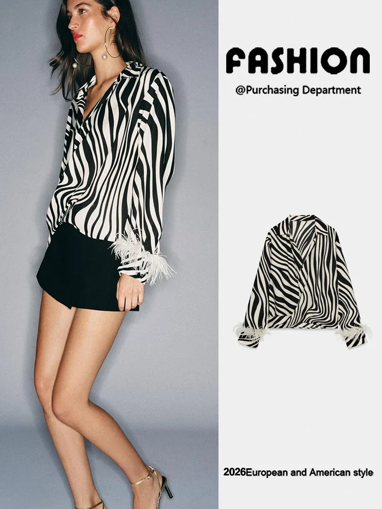 New Summer Women's Long Sleeve Turn-down Collar Feather Zebra Print Shirt Versatile Fashionable Ladies' Outerwear