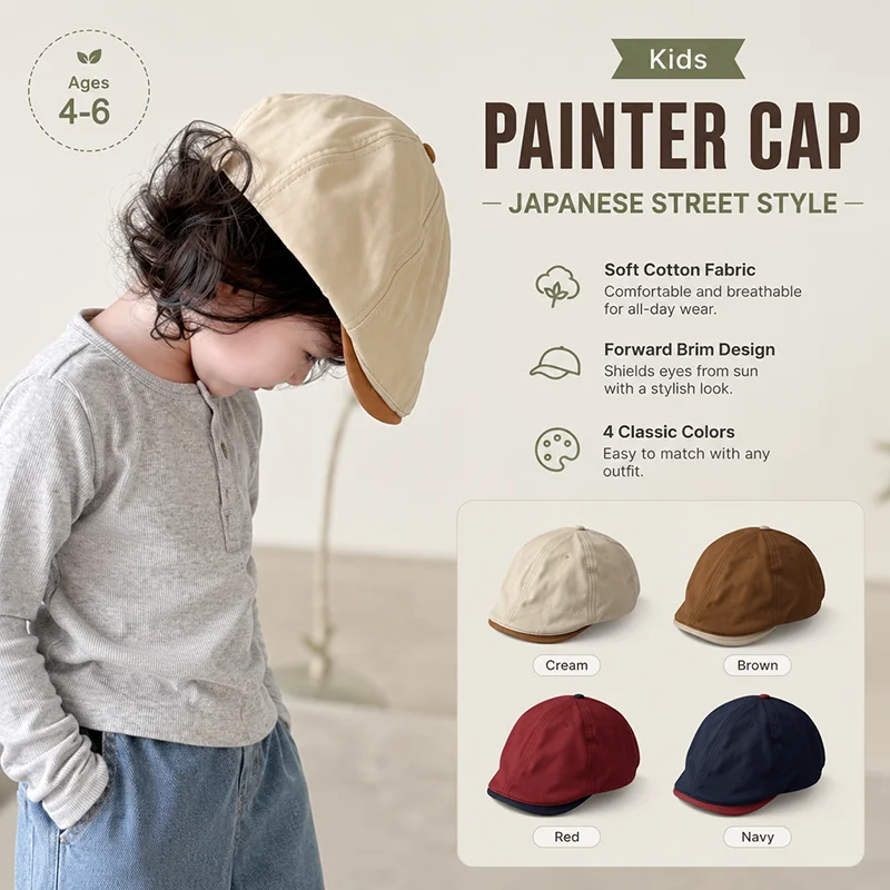 Kids Cotton Painter Cap Japanese Street Style Adjustable Newsboy Hat Spring Autumn Casual Duckbill Cap for Boys Girls Ages 4-6Y view 2