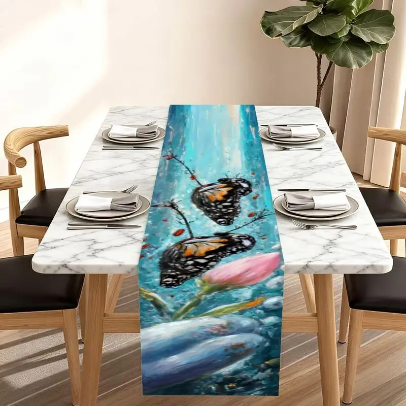 1 Piece of Vibrant Blue Table Runner with Butterfly and Lotus Patterns, Suitable for Farmhouse, Indoor, Kitchen, Celebrations, Table Decoration, Restaurant, and Banquet Decoration Supplies