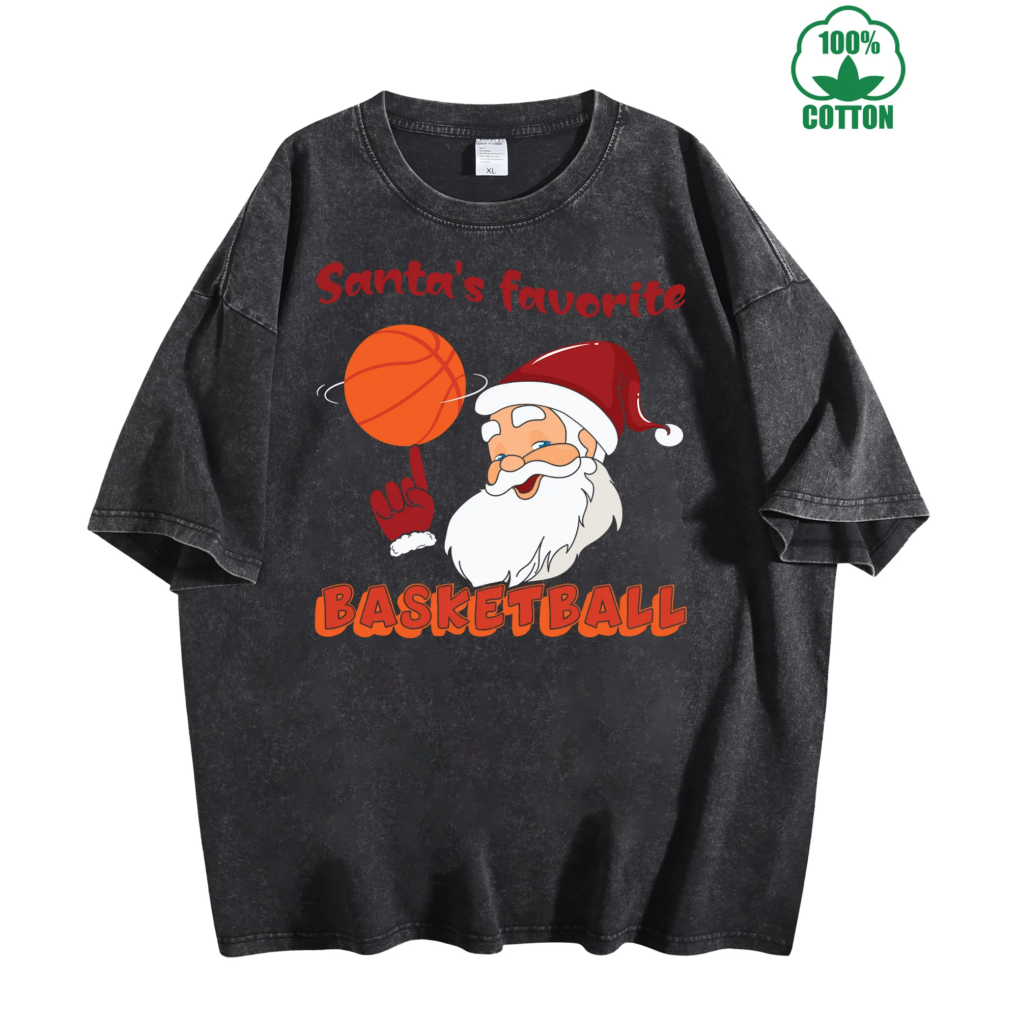 تي شيرت كلاسيكي مغسول لعيد الميلاد بكرة السلة 230 جرام 100% قطن للجنسين مريح كبير الحجم ملابس الشارع