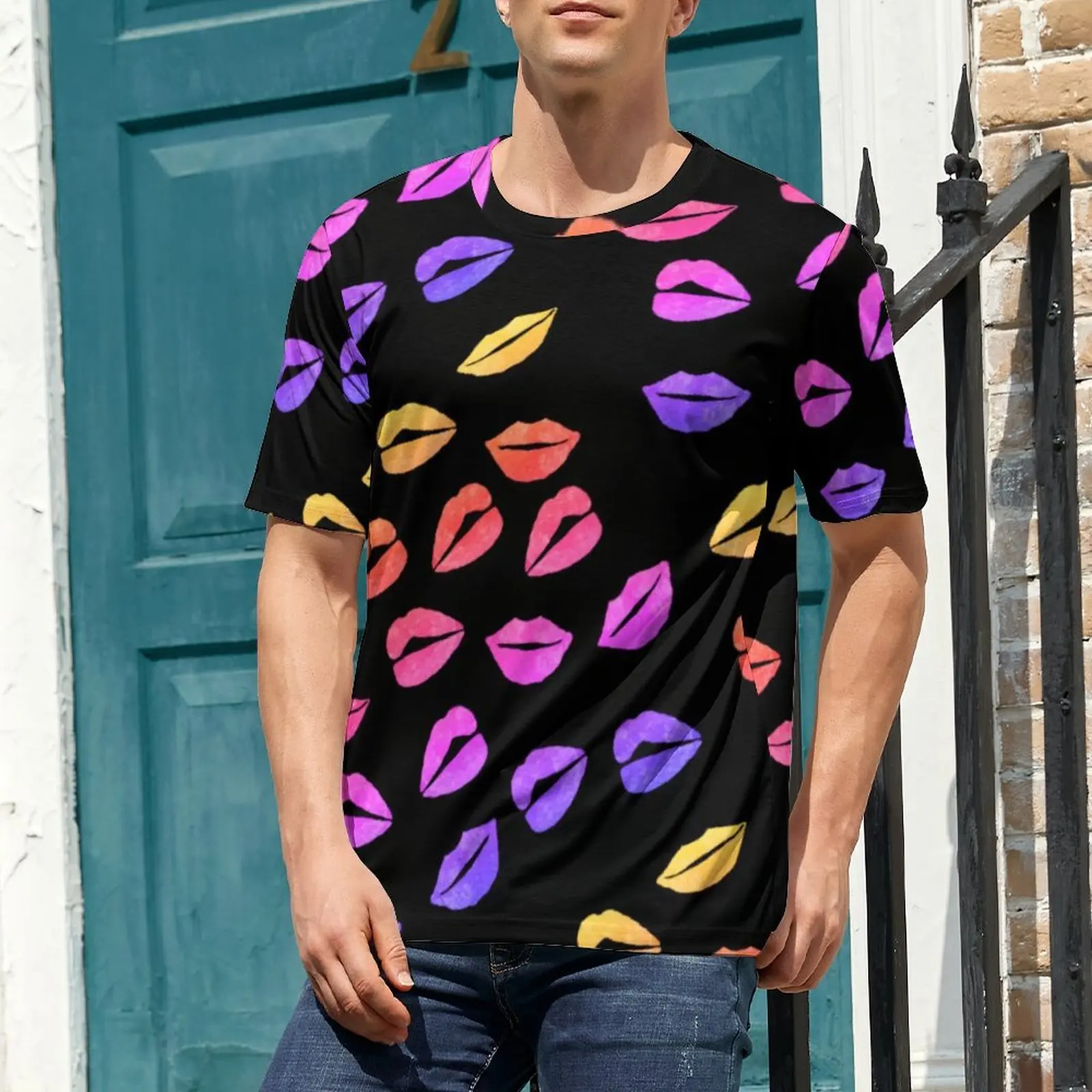 Colorful Lips T Shirt For Men Pop Art Print O Neck T-Shirts Summer Trending Clothing Short Sleeve Awesome Oversized Tee Shirt