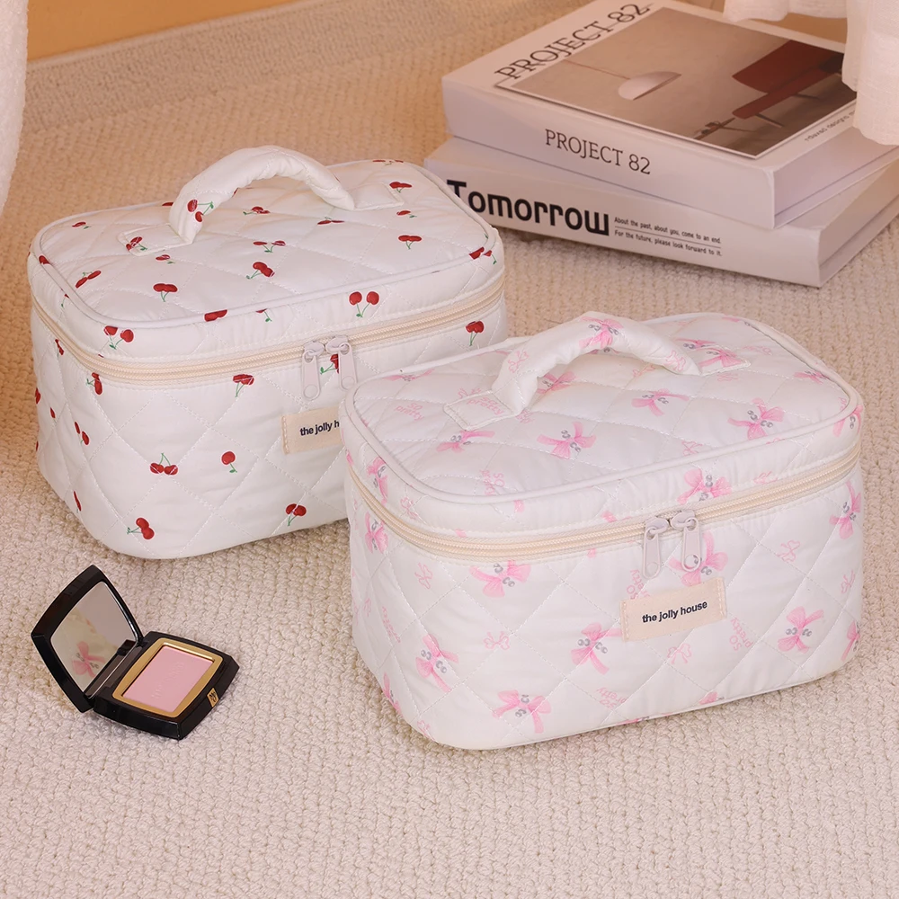 Neceser de viaje de gran capacidad con estampado de lazo para mujer, estuche de maquillaje, bonito organizador de artículos de tocador multifuncional, bolsa de almacenamiento