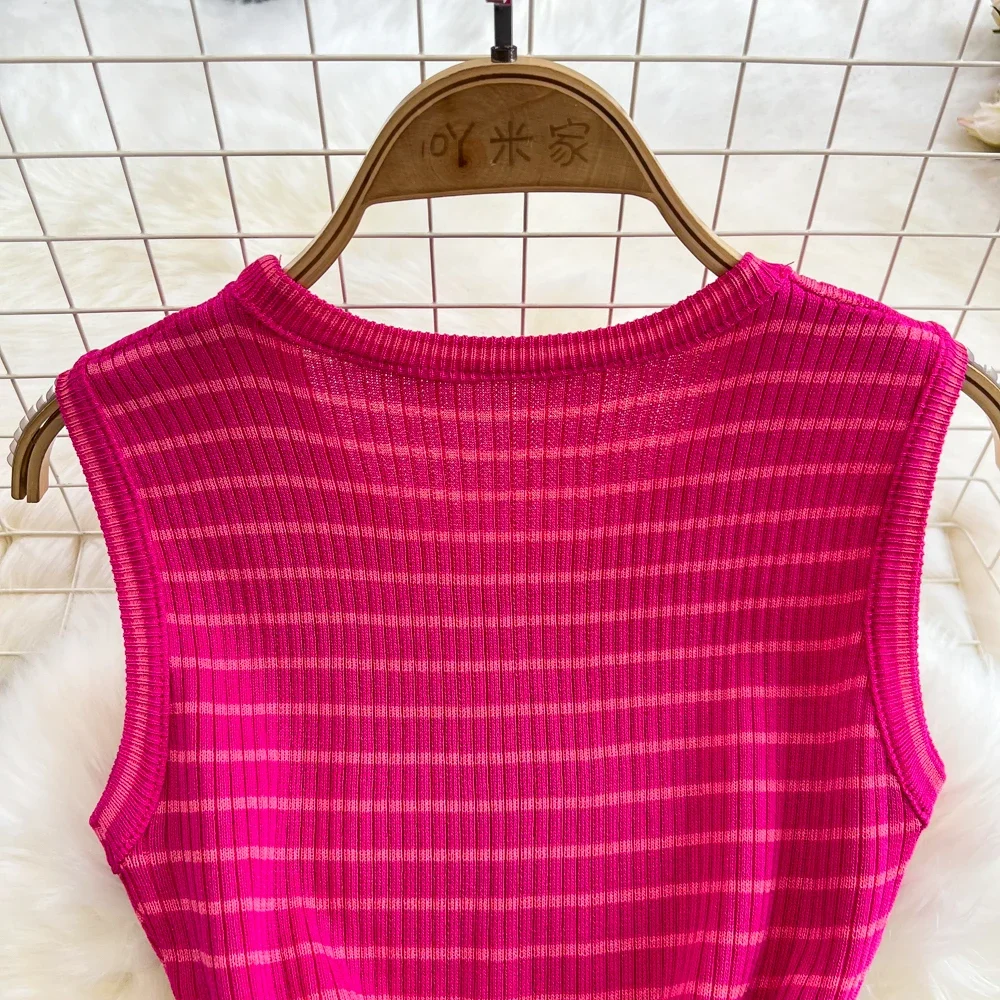 Lady Stripes Knitted Bodycon Tank Office Dress Summer Slim Elastic Sexy Package Hips Party Dress Women Outfits Vestidos