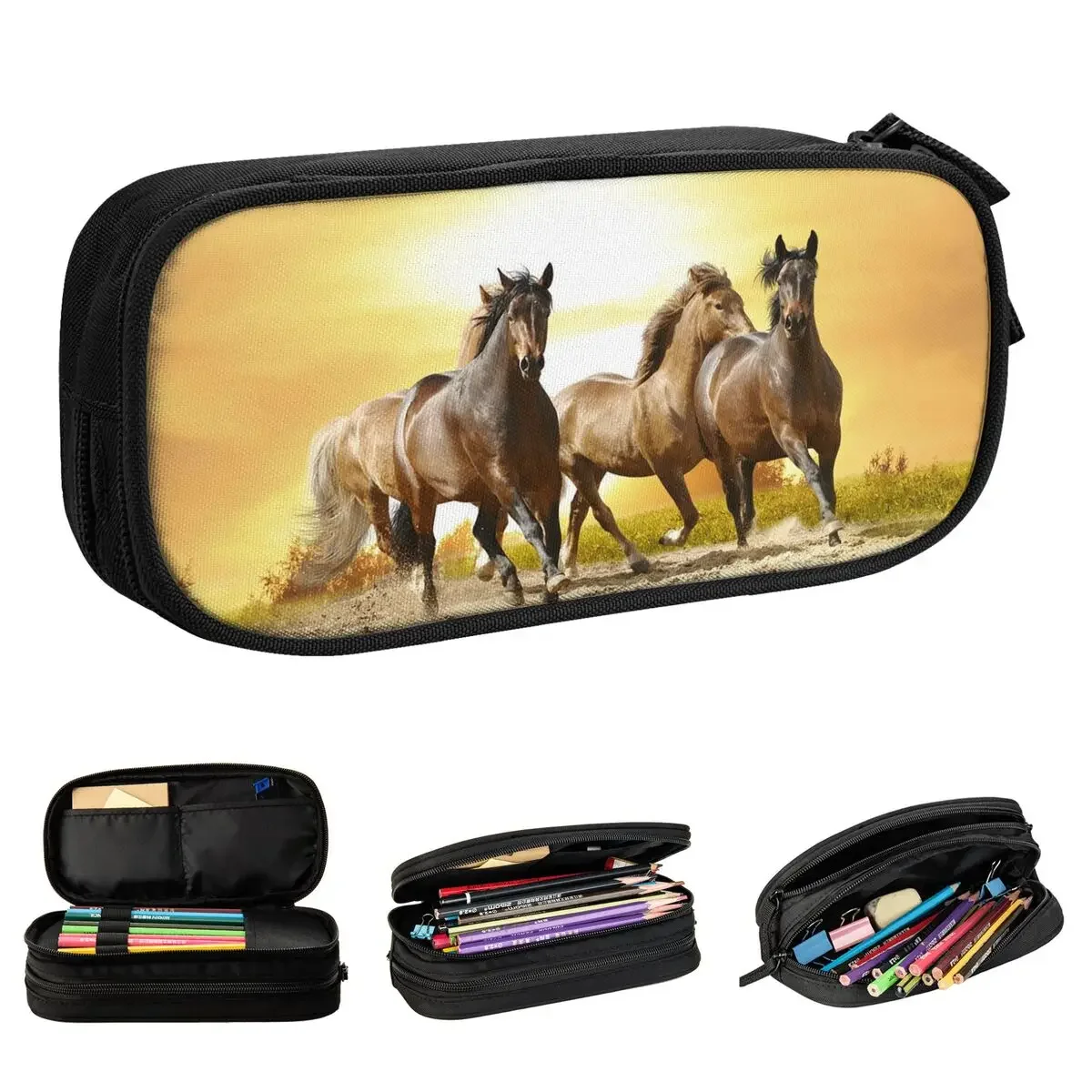 Wild Horse Pencil Cases New Galloping Animal Lovers Pen Holder Bags Kids Big Capacity School Supplies Cosmetic Pencilcases