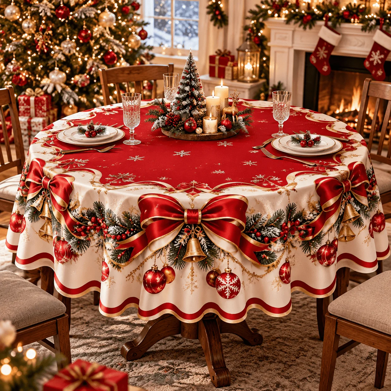 1 round tablecloth, Christmas red bow bell themed polyester tablecloth, European festive dining table decorative cloth