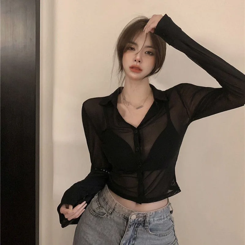 Y2K Women Mesh Sheer Blouse Chiffon See-through Long Sleeve Top Shirt Blouse Fashion Organza Transparent Shirt Female Blusas