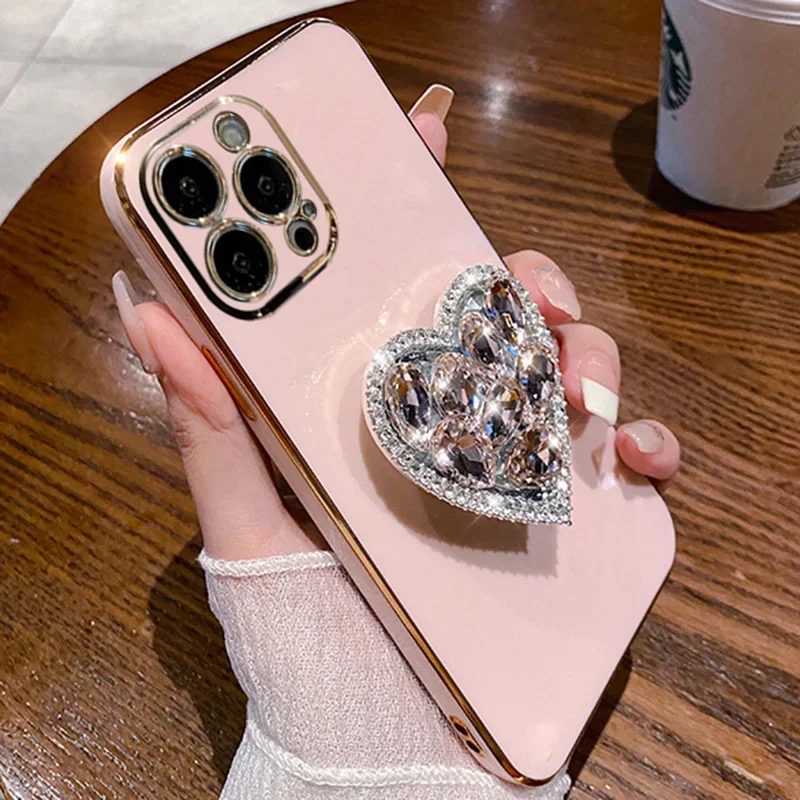 Stylish Diamond Heart Case for iPhone 15 Pro Max 14Plus 12Pro 13 11 XS XR XSMax Bling Plating Stand Cover