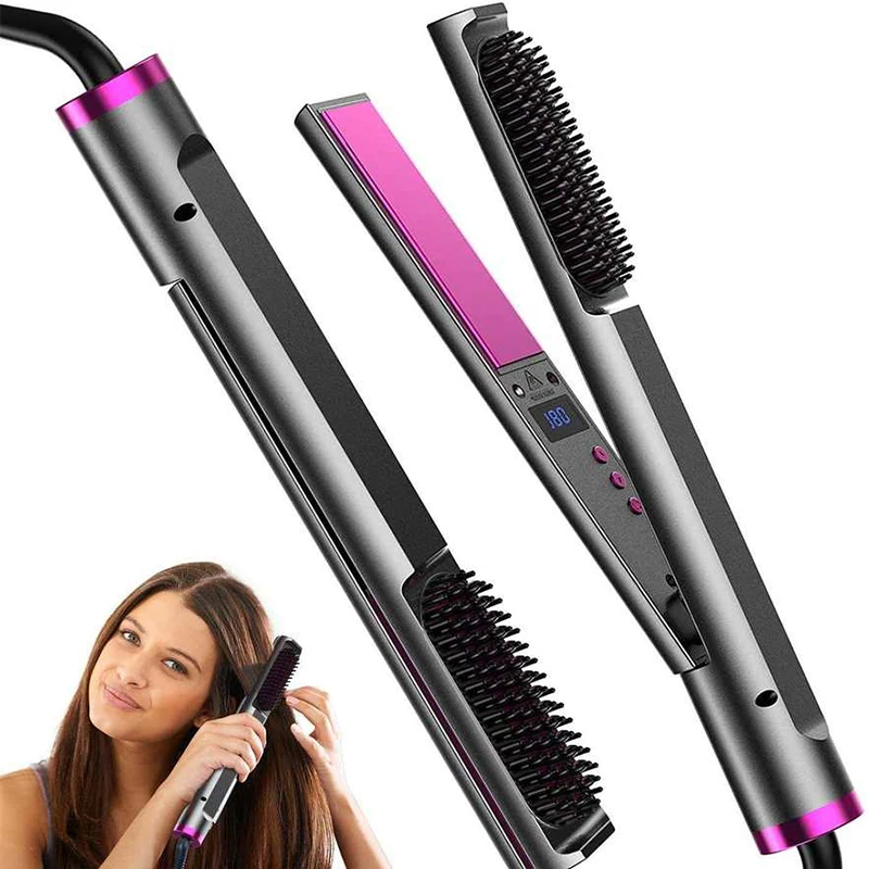 Professional 2 in 1 Hair Straightener Electric Flat iron Anti-Scald Brush Hot Comb Hair Style Tool