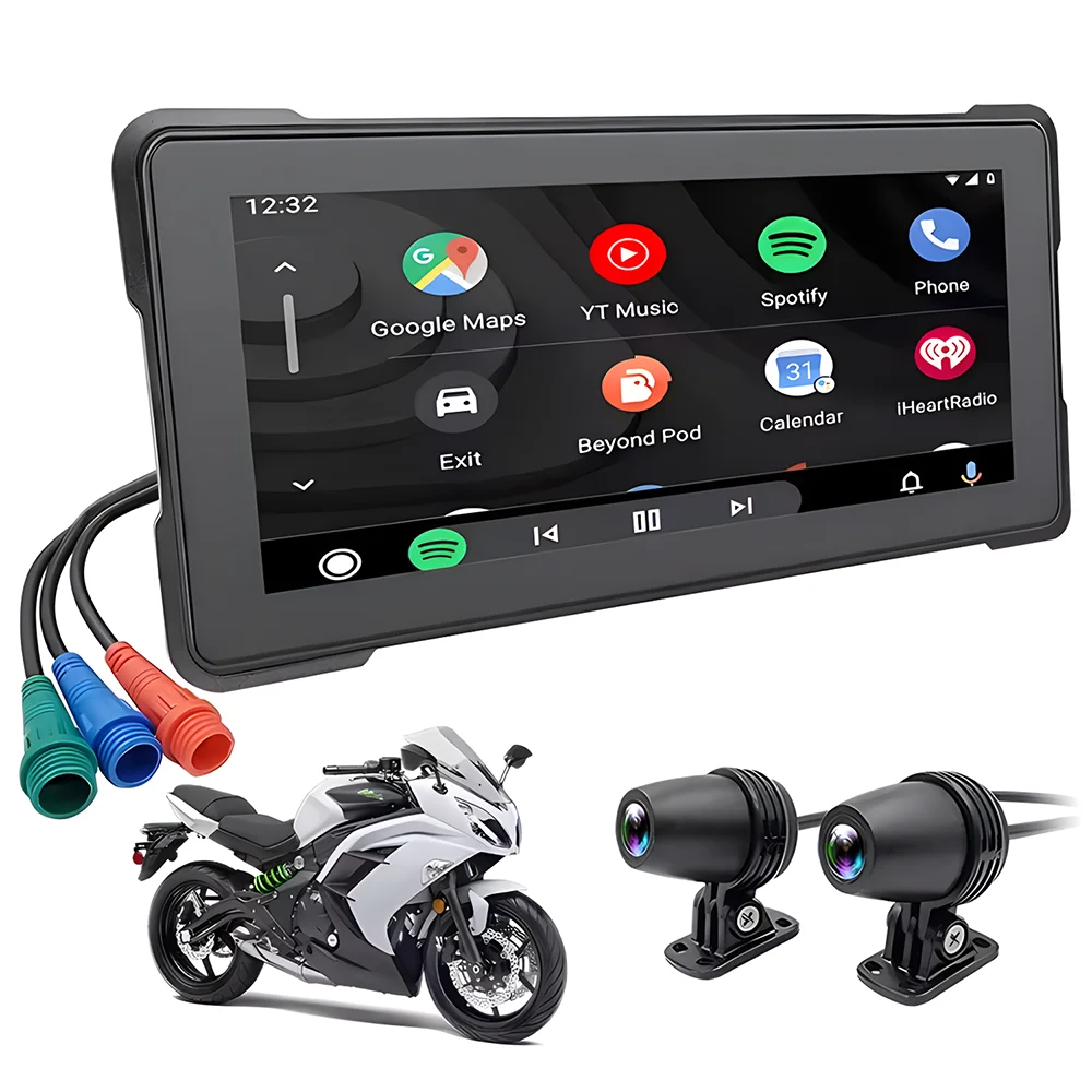 6.86''Wireless Android Auto Full IPX7 Waterproof Touch Monitor Navigation Screen Motorcycle DVR Carplay Front and Rear Camera