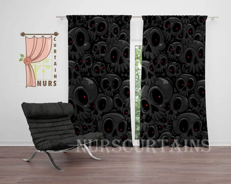 

Black Skull Print Curtain: Horror Room Decor, Blackout Drape