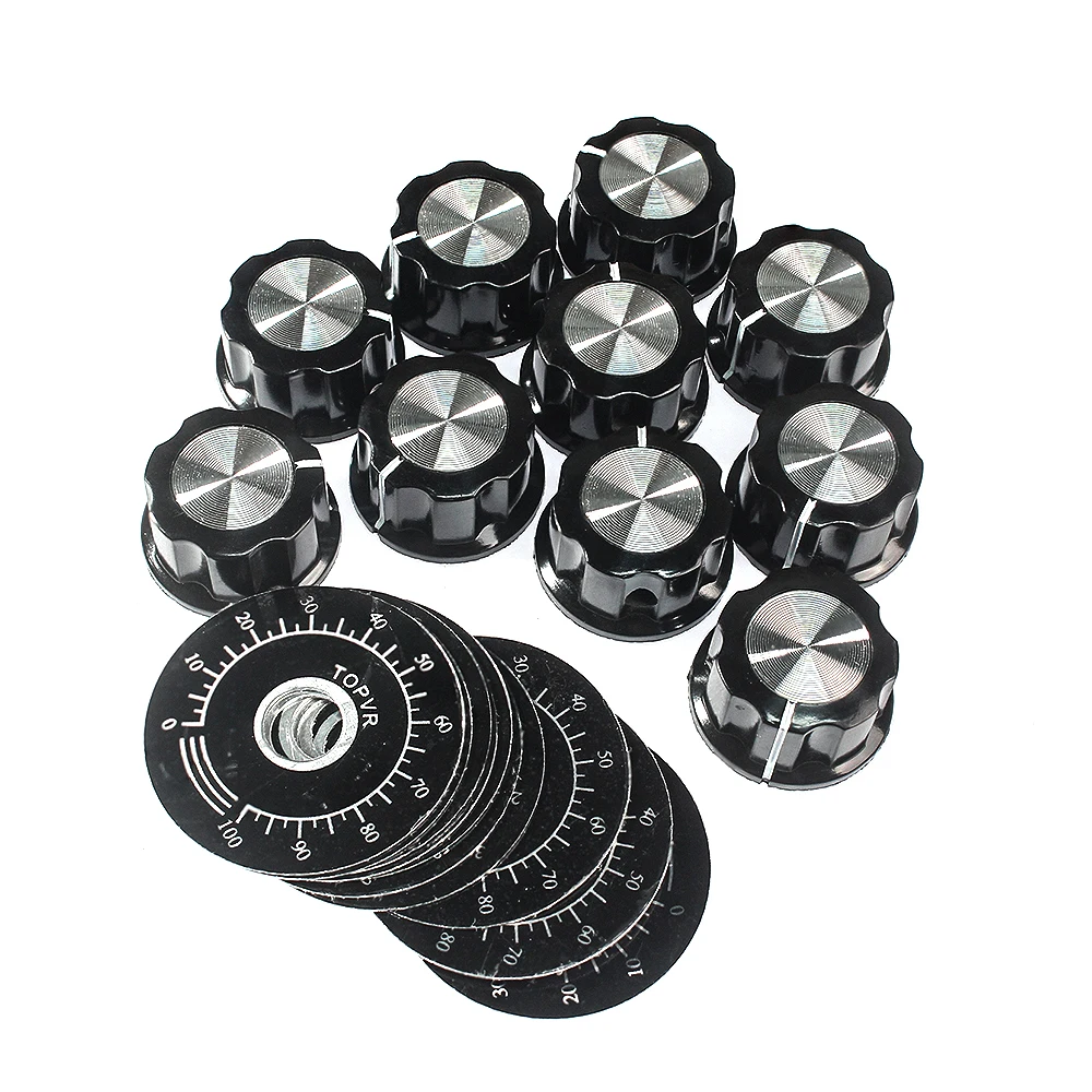 10/30 Sets Potentiometer Knob Kit 6mm MF-A03 Dial Knob + MF-A03 Bakelite Knob with 0-100 Scale Plate Sheet Scale Digital Set