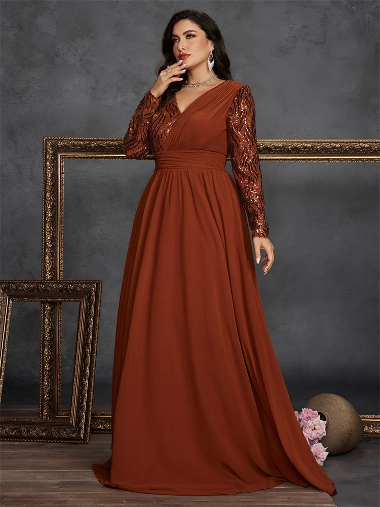 Lucyinlove Plus Size Luxury Chiffon Splicing Long Sleeve Evening Dresses Women Sequins Wedding Party Cocktail Floor Lenght Gowns image 3