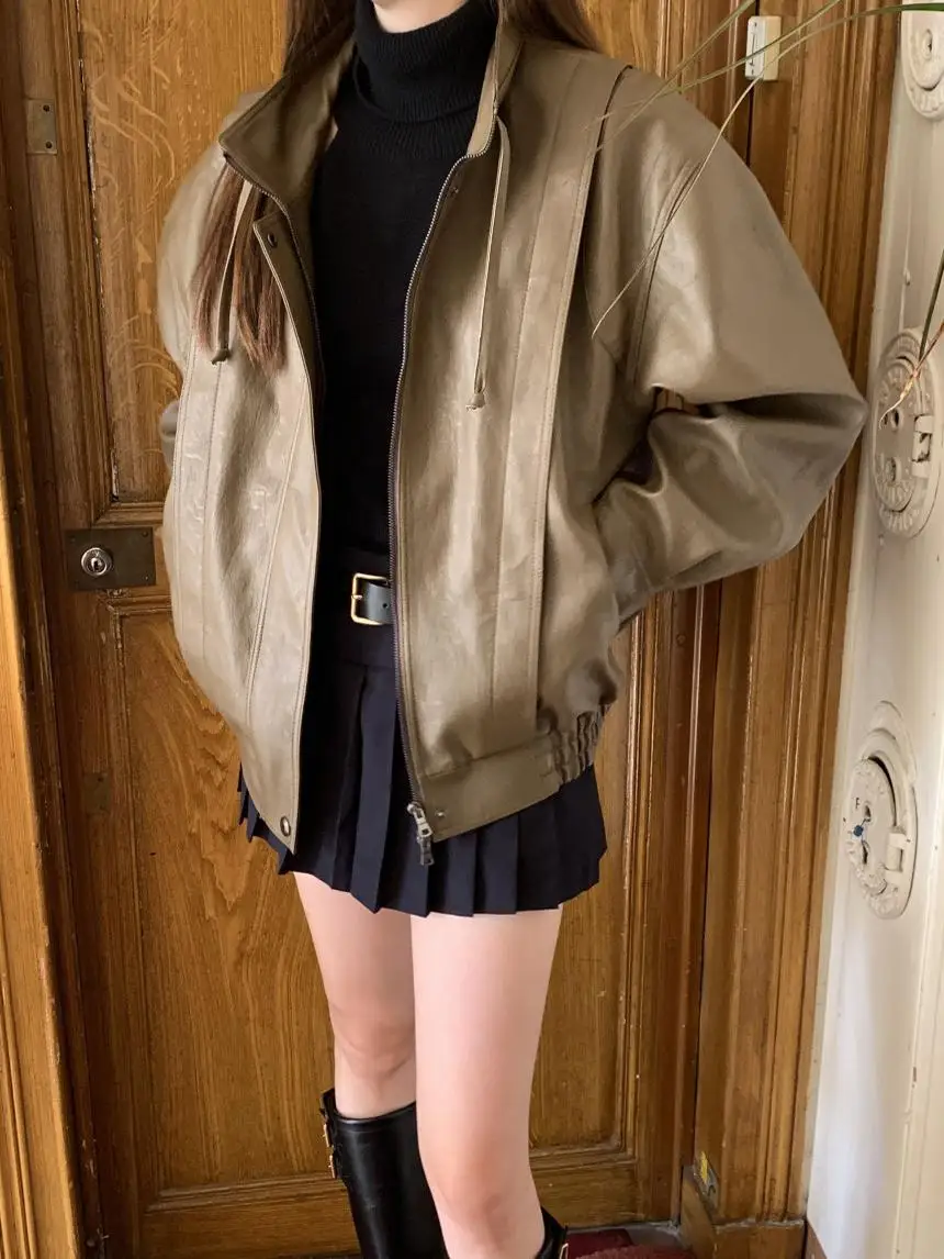 Jaet in pelle PU opaca Colletto alla coreana Dstring da donna Allentato dimagrante Sli Abbigliamento da moto Top Trendy Pendolari Sle