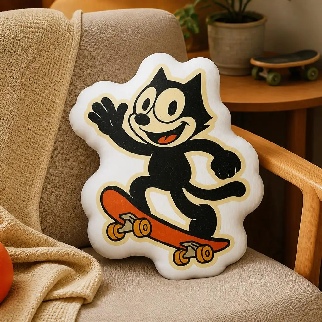 Vintage Felix the Cat Skateboard Throw Pillow Shaped Stuffed Cushion Retro Decorative Pillow for Skateboarder Home Decor Sofa