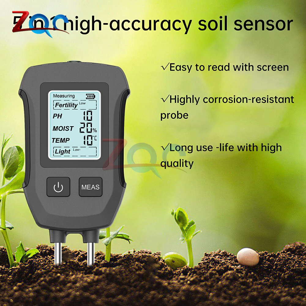 

5 in1 Soil Tester PH/Moisture/Temp/Fertility/Light Sensor Digital LCD Meter Humidity Monitor for Flower Plants Gardening