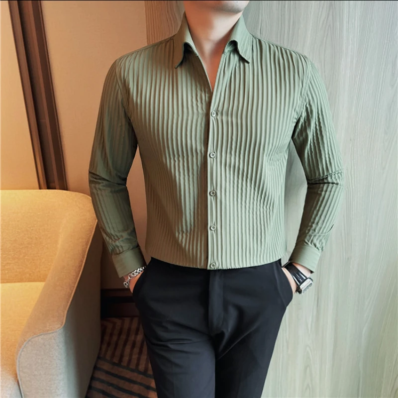 High Quality Striped Shirt for Men Slim Fit Long Sleeve Casual Shirts Business Formal Dress Shirts Social Party Tuxedo Blouse