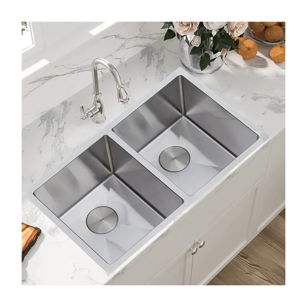 30×18 Inch SUS304 Brushed 16Gauge Handmade 50/50 Double Bowl Sink with Storage Rack
