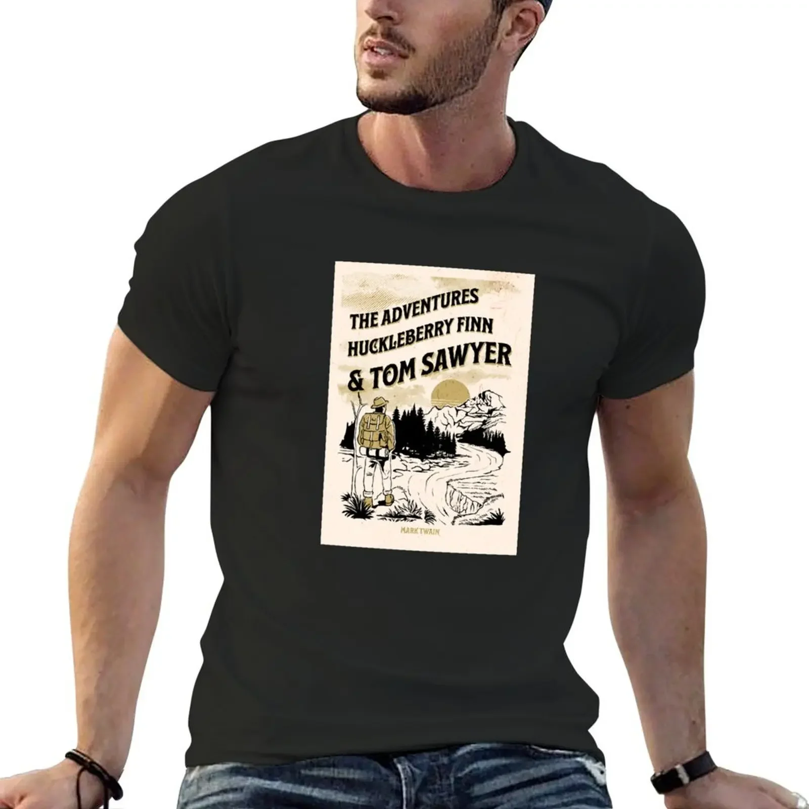 The Adventures Of Huckleberry Finn And Tom Sawyer - Mark Twain Book Cover Art T-Shirt vintage clothes mens clothing