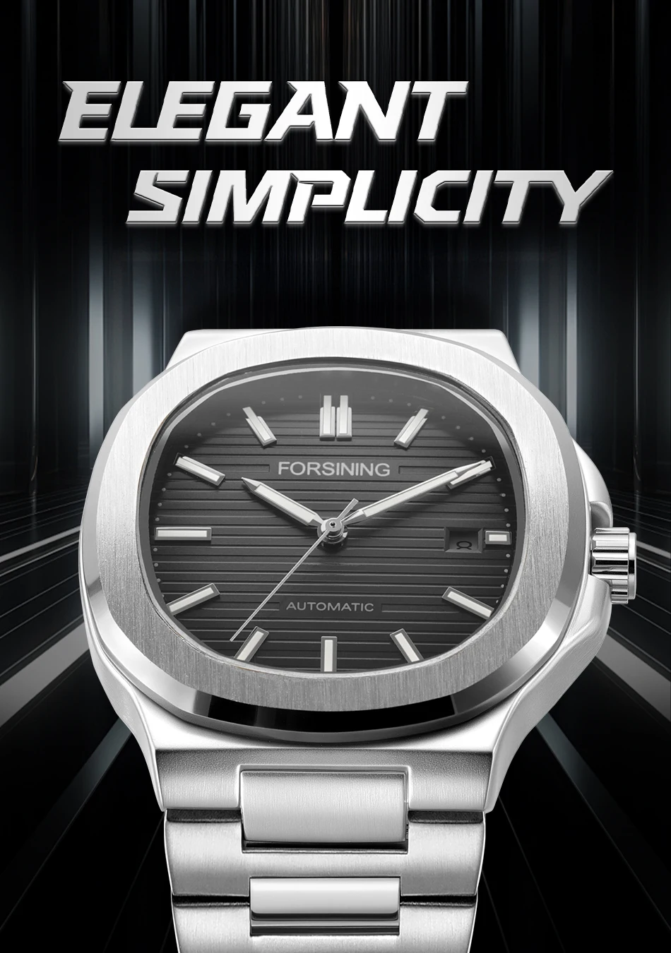 FORSINING Minimalist Polygon Man Watch Automatic Mechanical Date Display Luminous Hands Stainless Steel Waterproof Casual Watch