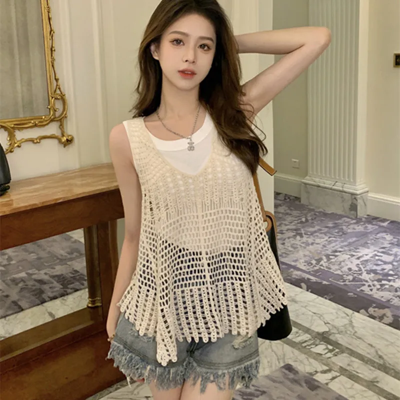 Sweater Vest Hollow Knit Tank Top Suspender Women's Outerwear Summer Loose Fitting Outerwear Sleeveless Knit Top Waistcoat