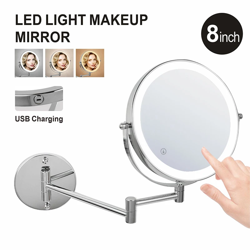 8 inch Rechargeable Smart Bathroom LED Makeup Mirror 5X 7X10X Magnification 3 Color Light Adjustable Double Side Touch Mirrors