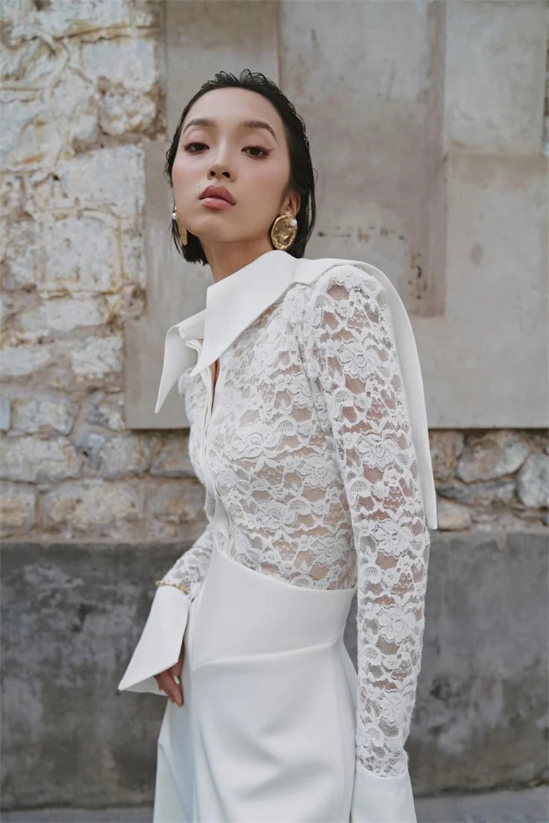 

White Lace Women Suit Set 2 Piece Blazer+Pants Formal Office Lady Jacket Cotton Summer Wedding Coat Customized