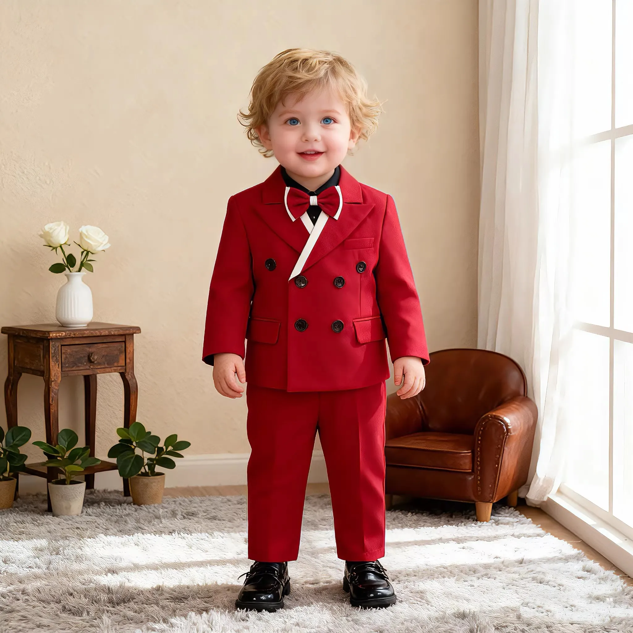 

Весенне-осенний детский красный костюм, комплект для мальчиков, куртка, жилет, брюки, галстук-бабочка, комплект из 4 предметов, свадебный наряд, детское выступление для выступлений на фортепиано