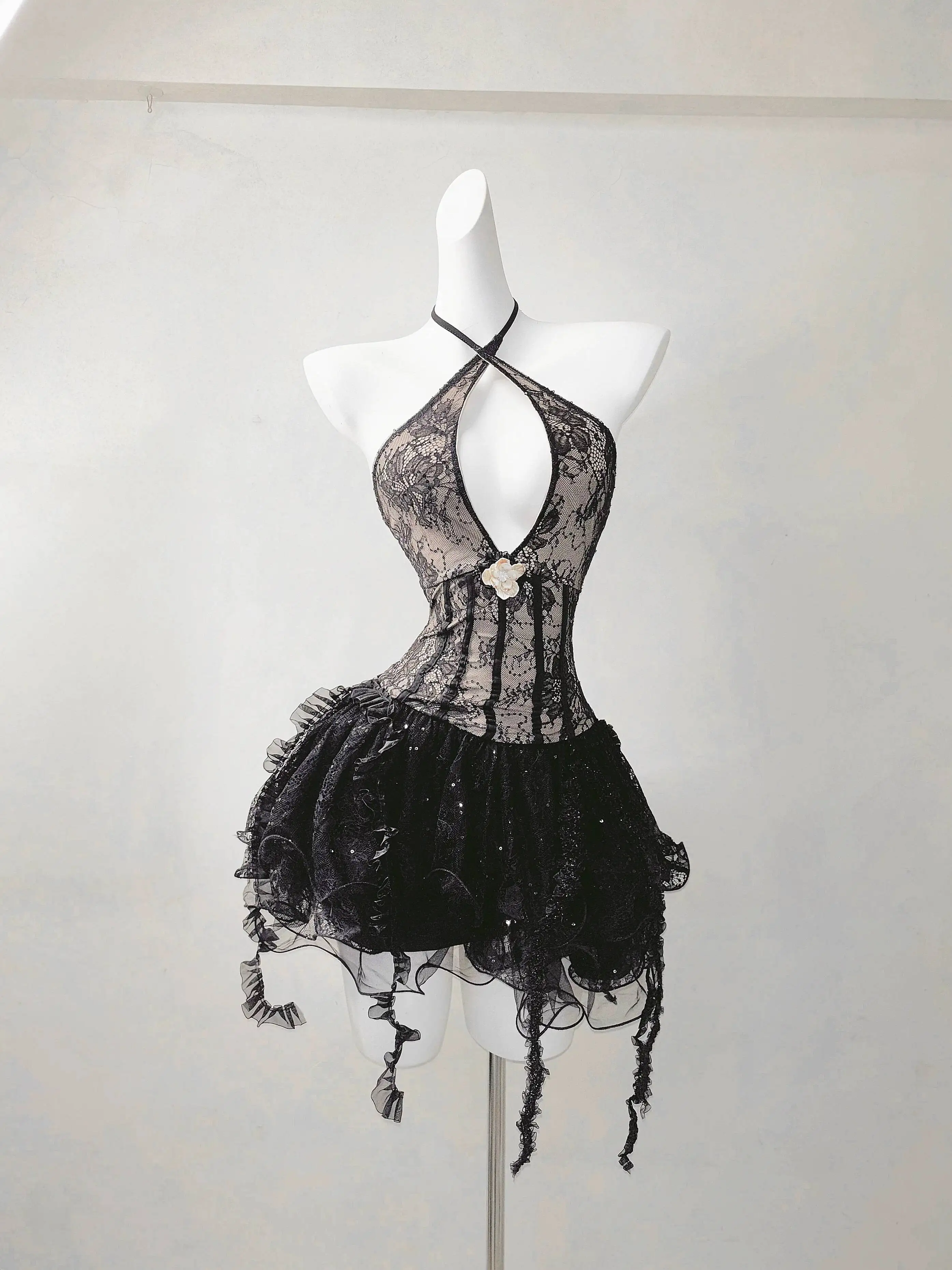 Punk Jellyfish*TDH Dark Gothic Subkultur Spitzenband-Kleid Puffiger Minirock Schwarzes Minikleid