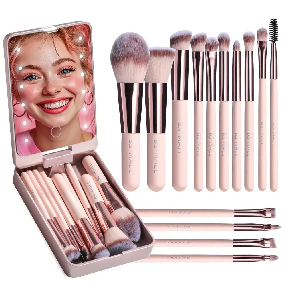 BS-MALL Makeup Brushes Foundation Powder Concealers Eye Shadows Makeup Set with LED light Mirror 14 Pcs Mini Makeup Brushes (API