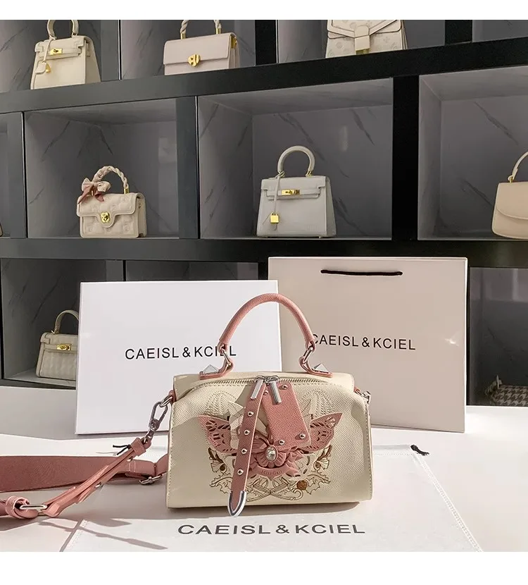 Tas bantal kupu-kupu warna merah muda modis tas tangan wanita bertekstur kualitas tinggi dompet genggam mewah tas kurir bahu