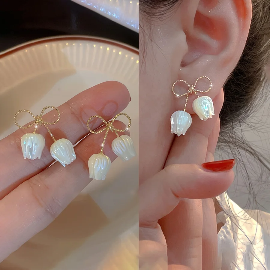 

[NEW] A Pair of 2pcs, Bow Tulip Flower Earrings, High-Quality Jewelry, Upgraded Temperament Earrings, High-End Decorative Earrin