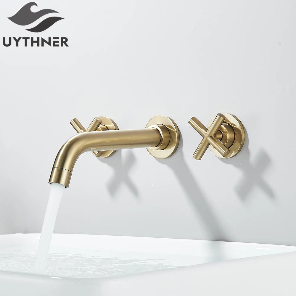 

Brushed Golden Basin Faucet Wash Basin Sink Faucet Bathroom Basin Taps Wall Mounted Hot Cold Water Mixer Tap Bathtub Mixer