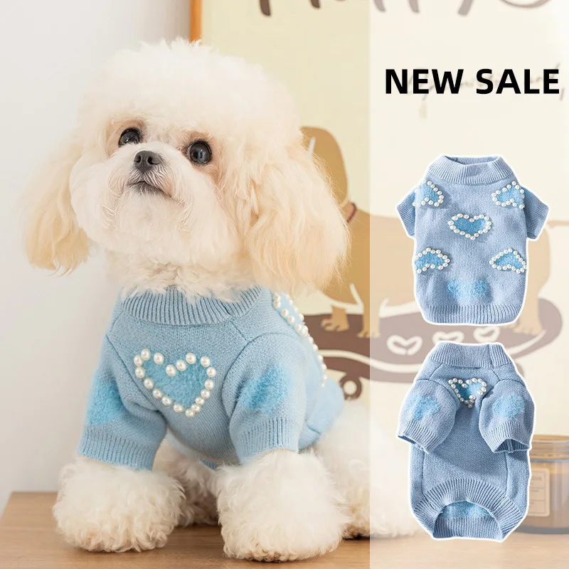 Winter New Dog Jumper Teddy Comfortable Warm Knit Blue Pet Clothing Pearl Love Puppy Clothes Korean Pet Clothing