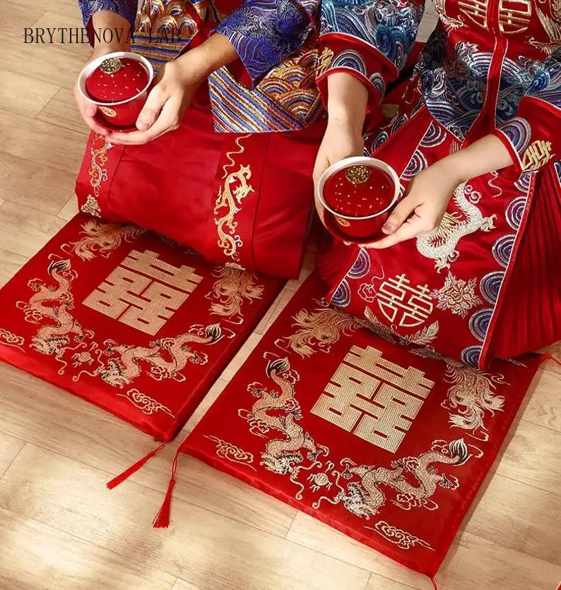 2xChinese Vietnamese Wedding Tea Ceremony Red Double Happiness Phoenix Dragon Kneeling Cushion Pad Red Double Happiness Pad
