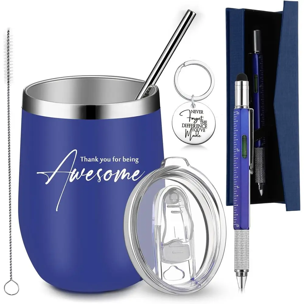 12 oz Stainless Steel Tumbler with Metal Pen and Inspirational Keychain - Ideal for Employee Appreciation (Navy Blue)