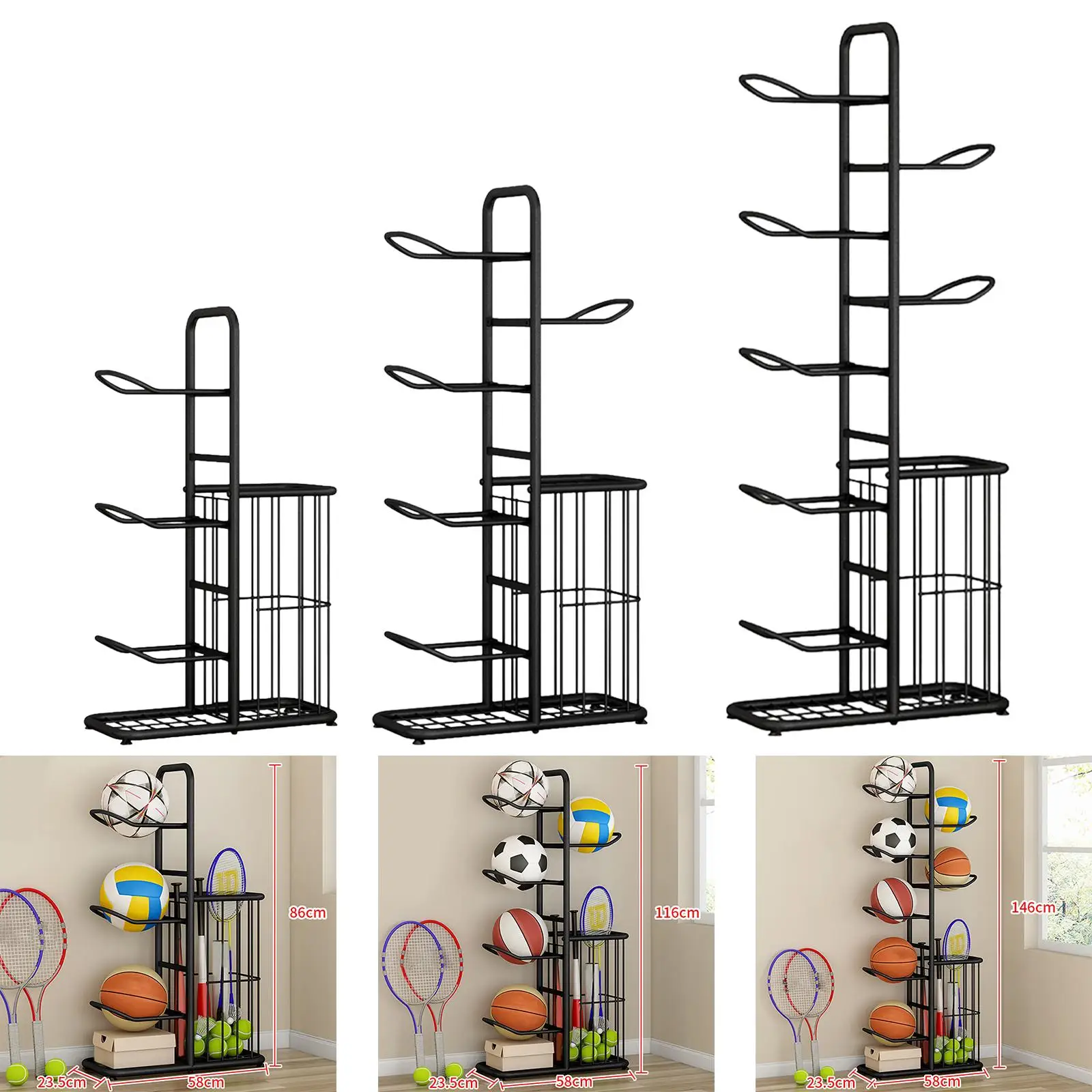 Space Saving Iron Ball Storage Rack Vertical Metal Stand Display Holder for Indoor Outdoor Basketball Football