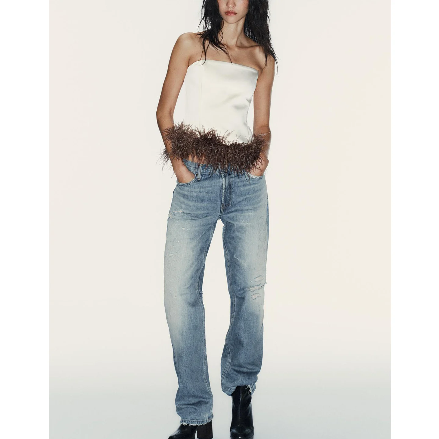 Inverno novo feminino oulder-baring gola de corte reto cor-blo pluma tubo-top irt fino ajuste ort-comprimento cor pura