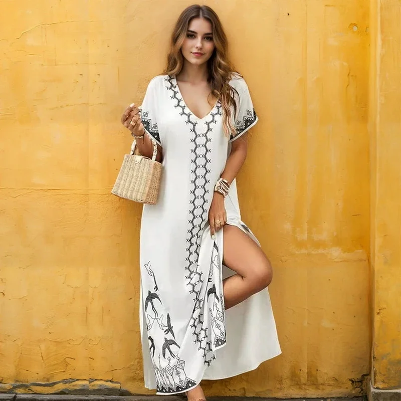 

Swimsuit Covers Swallow Embroidery Kimono 2025 Bikini Cover Ups Beach Dress Robe Long Dress Beachwear Sarong Women Loose Dress