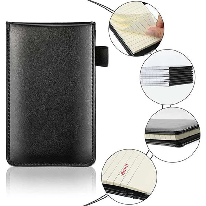 2 Pcs Black Mini Pocket Notepad Pu Business Notebook Notepad Multi-Function Notebook With Pen With 50 Lined Sheets