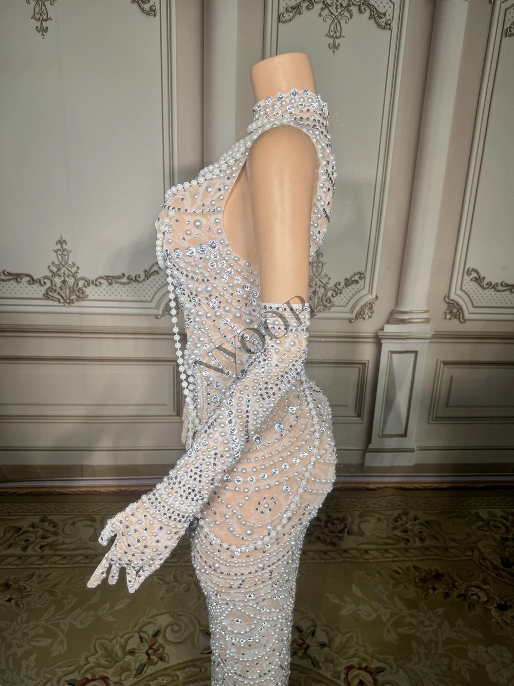 Sparkly Rhinestones Pearls Chains Long Dress Gloves for Women Elegant Evening Birthday Celebrate Wedding Photo Shoot Dresses