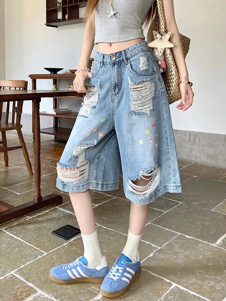

New retro blue embroidered ripped jeans women in summer slim and versatile high waist loose wide leg cropped pants