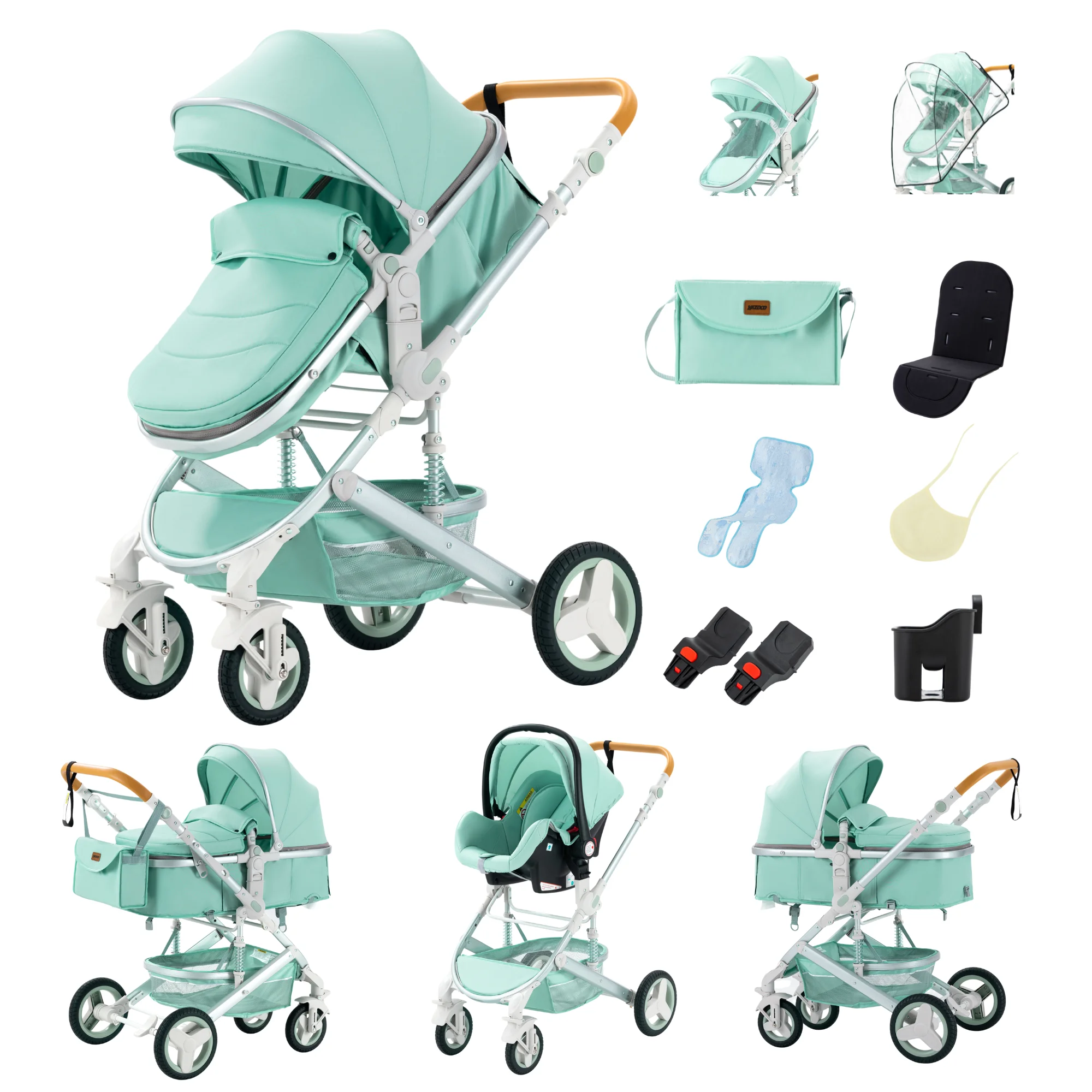 3-in-1 Babywandelwagen met autostoeltje en slaapmandje, lichtgewicht kinderwagen, multifunctionele babybuggy, compacte vouwwagen - afbeelding 2