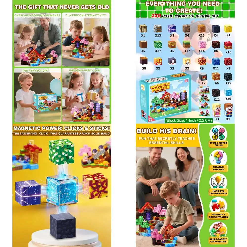 مجموعة مكعبات بناء مغناطيسية مقاس 220 قطعة مقاس 1 بوصة للأطفال، ألعاب تعليمية مستوحاة من الجذع، مثالية للأعمار من 3 إلى 12 عامًا