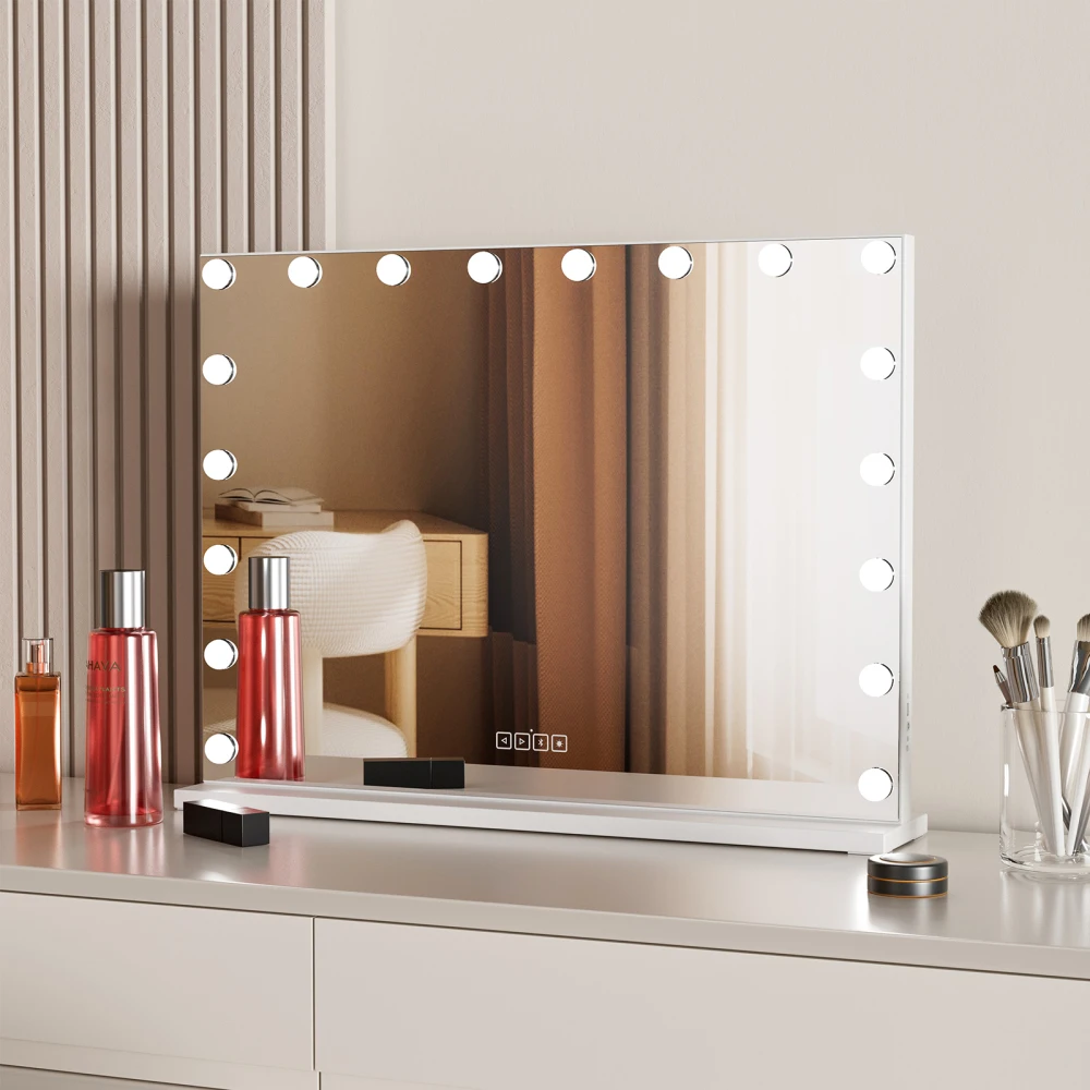 Hollywood Vanity Mirror with Speaker and Lights: 18 Bulbs, 3 Light Colors, Adjustable Brightness, USB Charging Port - Tabletop