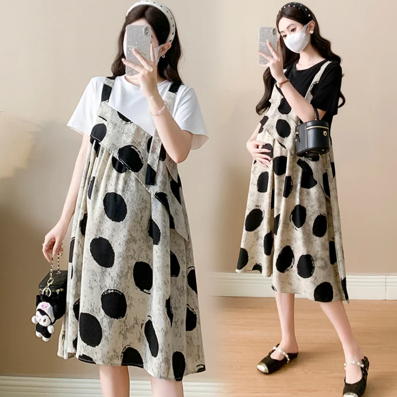 Woman Faux Two Piece Dress Loose Design 2026 Summer Maternity Polka Dot Dress Short Sleeve O-neck Block Color Patchwork Pregnant