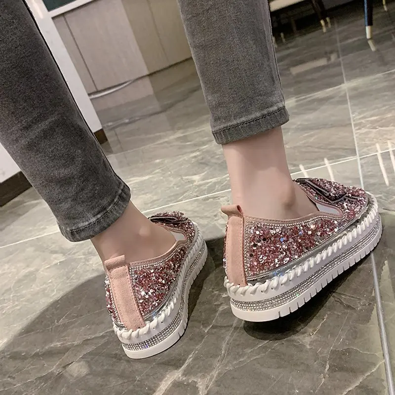 LazySeal Bling Sequine Upper Women Flat Heel Shoe Luxury Butterfly Street Style Casual Footwear Drop Shipping Flats Plus Size 44