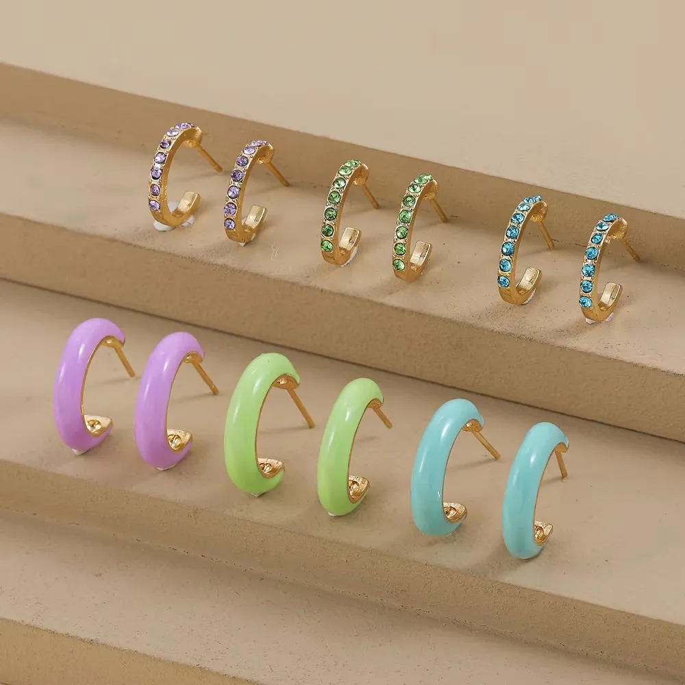 6pair/set Fashion Drip Oil Enamel Small Circle Round Hoop Earrings Women Multicolour Zircon Huggie Ear Buckle Party Club Jewelry