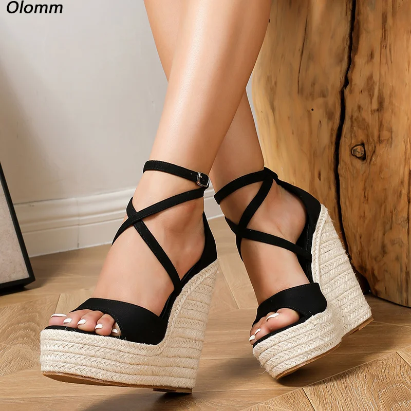 Olomm Sandalias de cuña negras artesanales: diseño de alpargata con tiras y plataforma de yute natural, talla estadounidense 35-42
